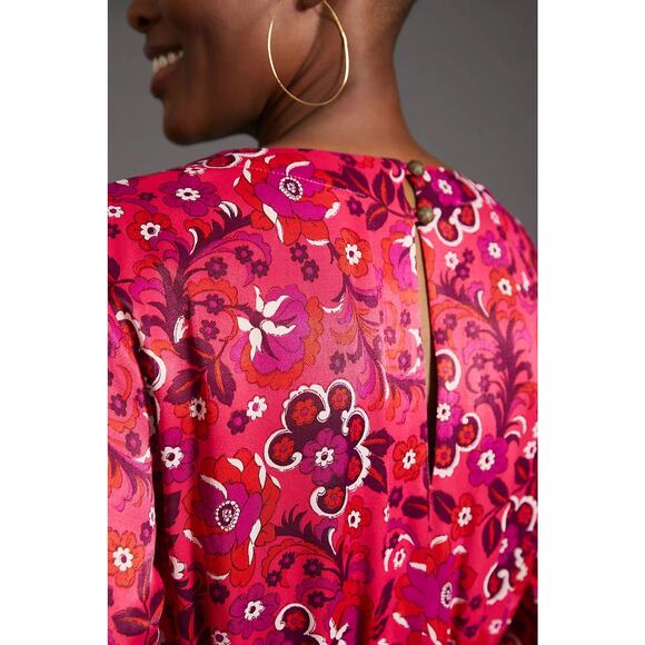 Maeve Anthropologie Pink Floral Print Long Sleeve Wrap Mini Dress Size Medium - Picture 6 of 16